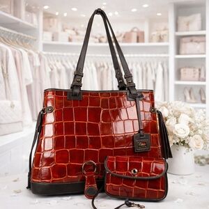 Dooney & Bourke 3pc Brown Red Orange Crocodile hand‎ Shoulder Bag Pouch Key Set